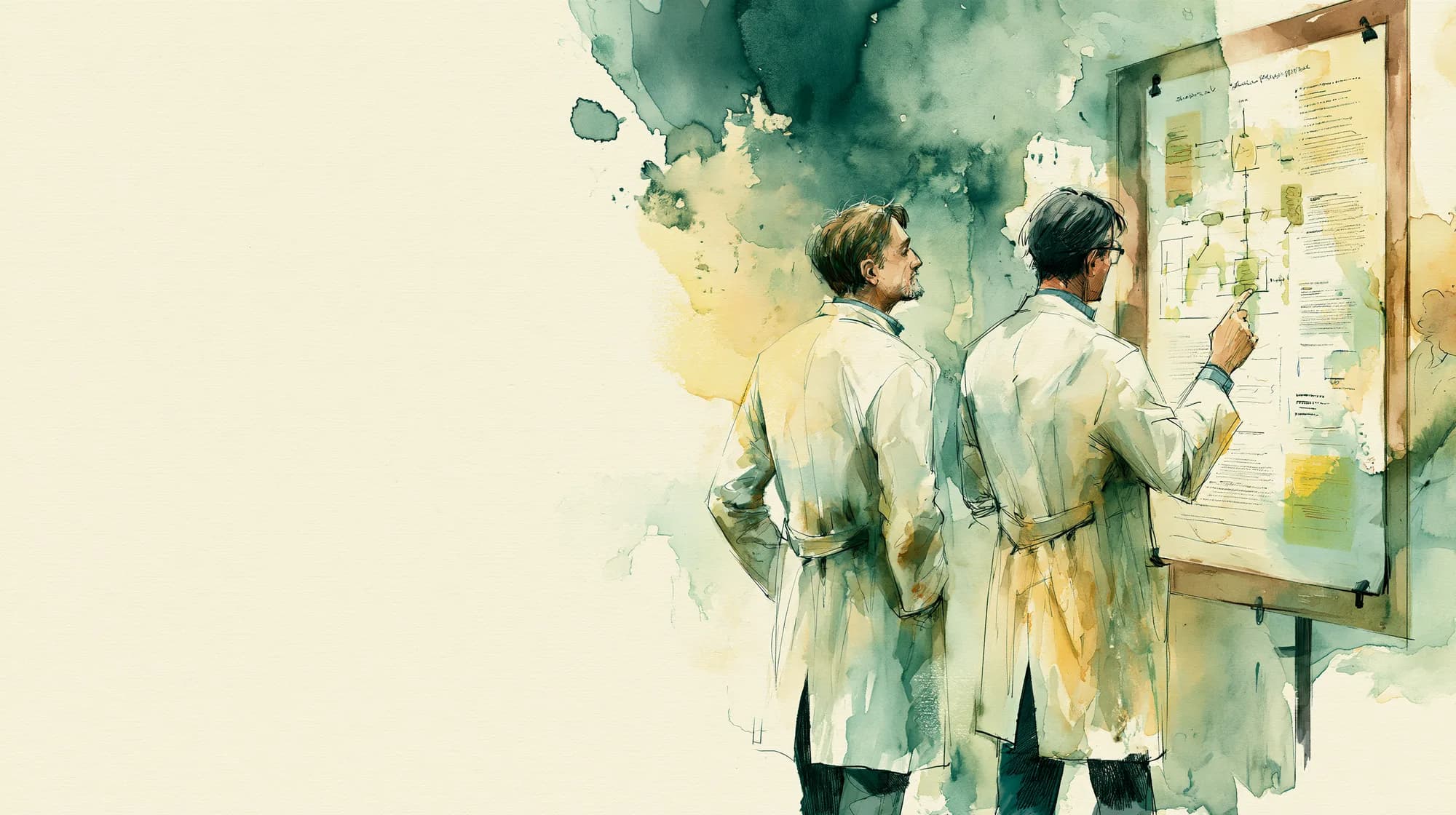Two scientists in lab coats discussing in front of a research poster at a congress